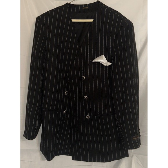 Dino Davinci Mens Double Breasted Coat Jacket Black Sz R40 Pocket White Stripes - Picture 1 of 14